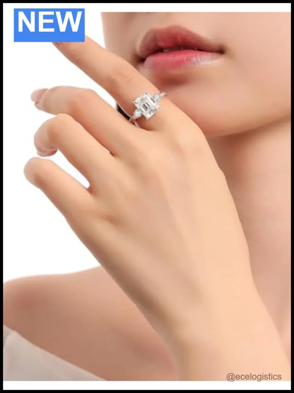 Emerald Cut Moissanite 3 Stone Engagement Ring S925 Sterling Silver 18K White